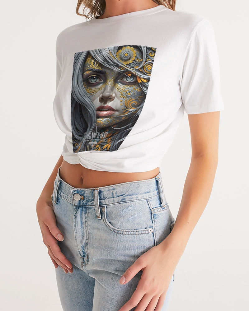 Sweet Silver Yellow Flower Grey Hair sister.[Part three] Women's All-Over Print Twist-Front Cropped Tee