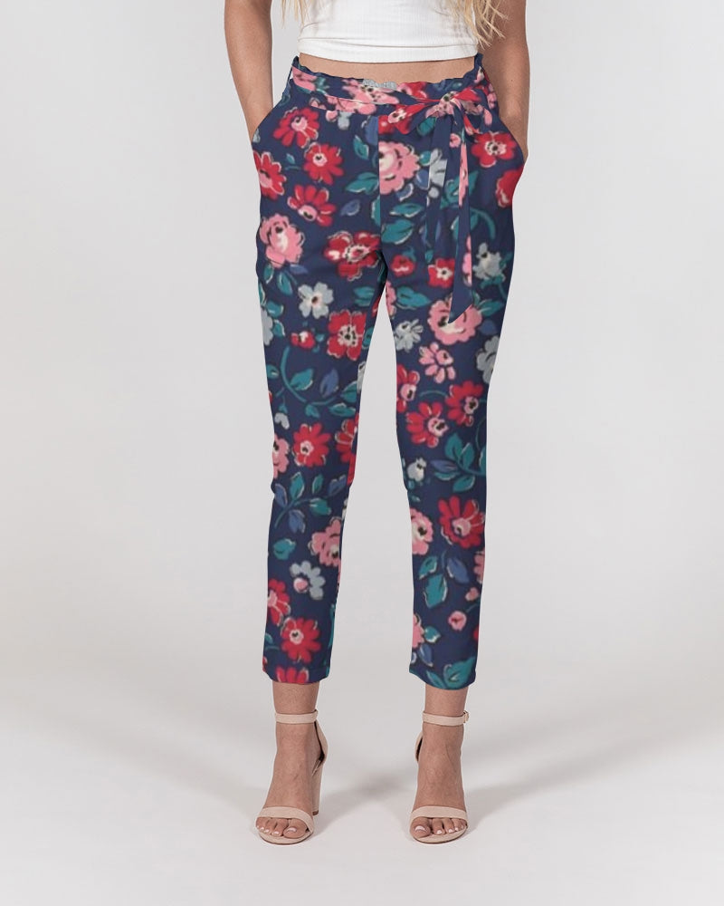 Midnight blue pretty glance.  Women's All-Over Print Belted Tapered Pants