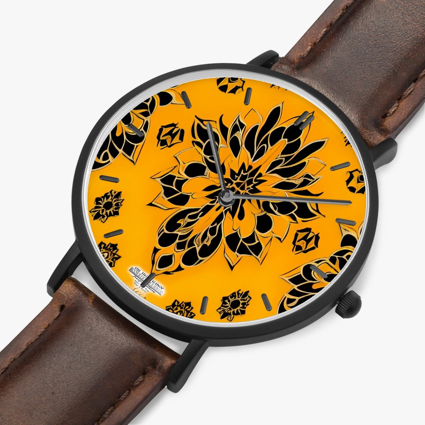 Orange and black royal pattern Hot Selling Ultra-Thin Leather Strap Quartz Watch (Black With Indicators)