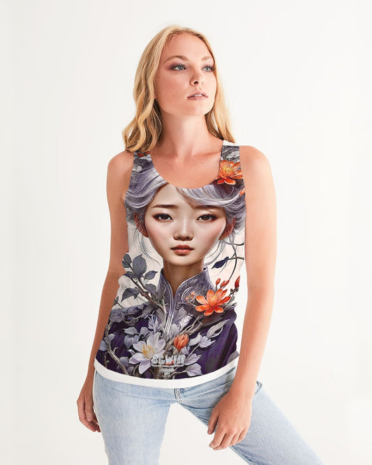 Beautiful Asian woman grey hair blossom Women's All-Over Print Tank