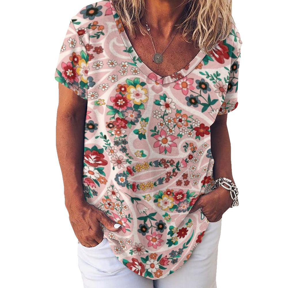 2024 New V Neck Short-sleeve Women Shirt Printed