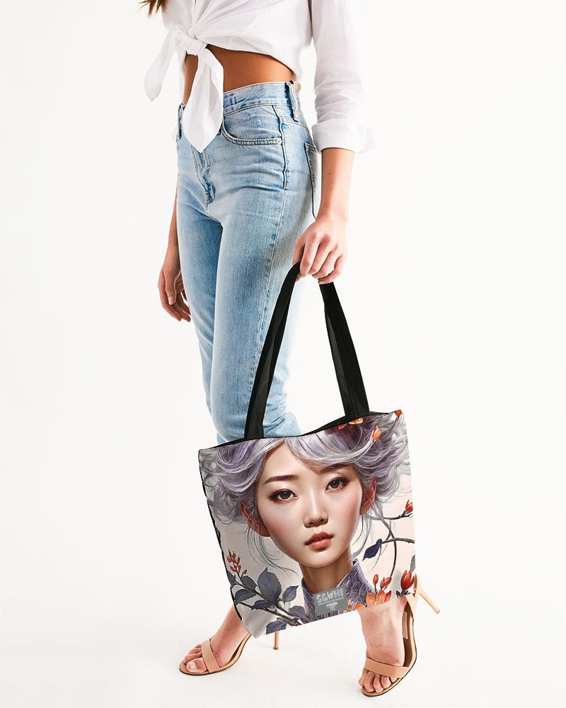 Beautiful Asian woman grey hair blossom Canvas Zip Tote