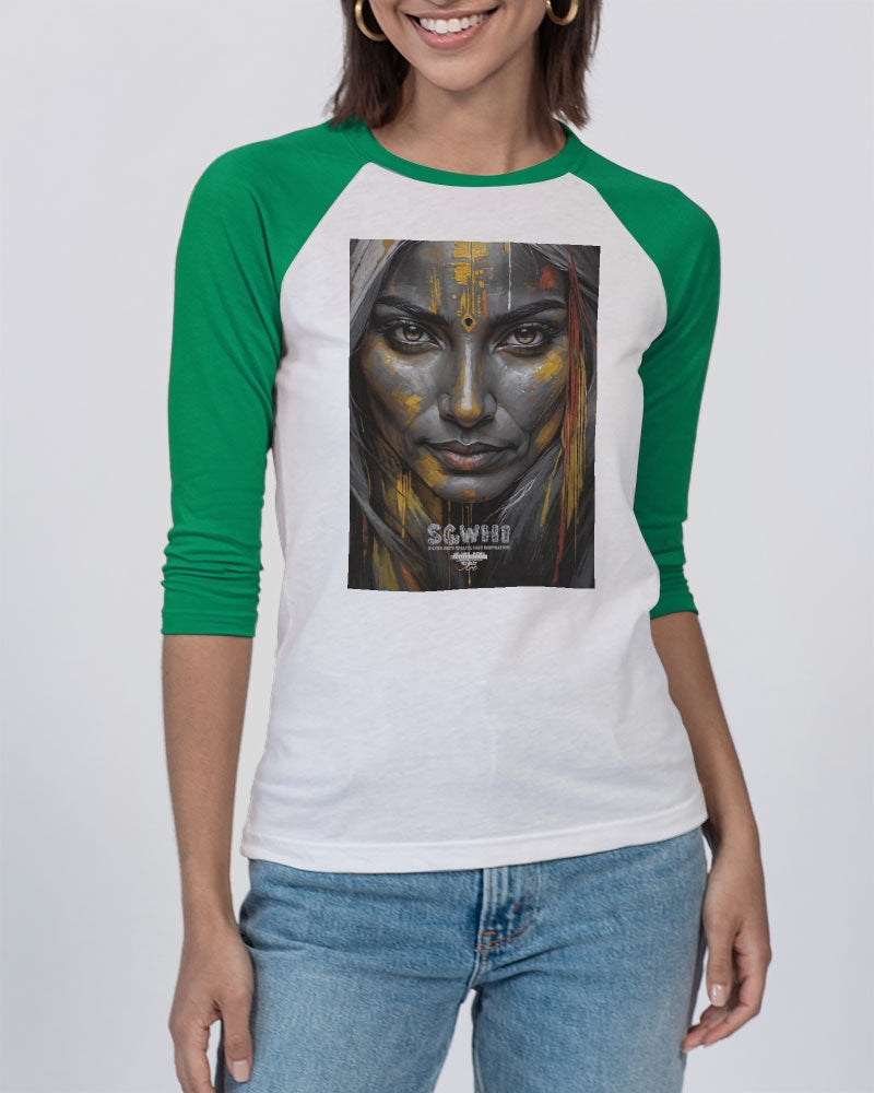 South Asian silver grey white hair sisters portrait [3] Unisex Three-Quarter Sleeve Baseball Tee | Bella + Canvas