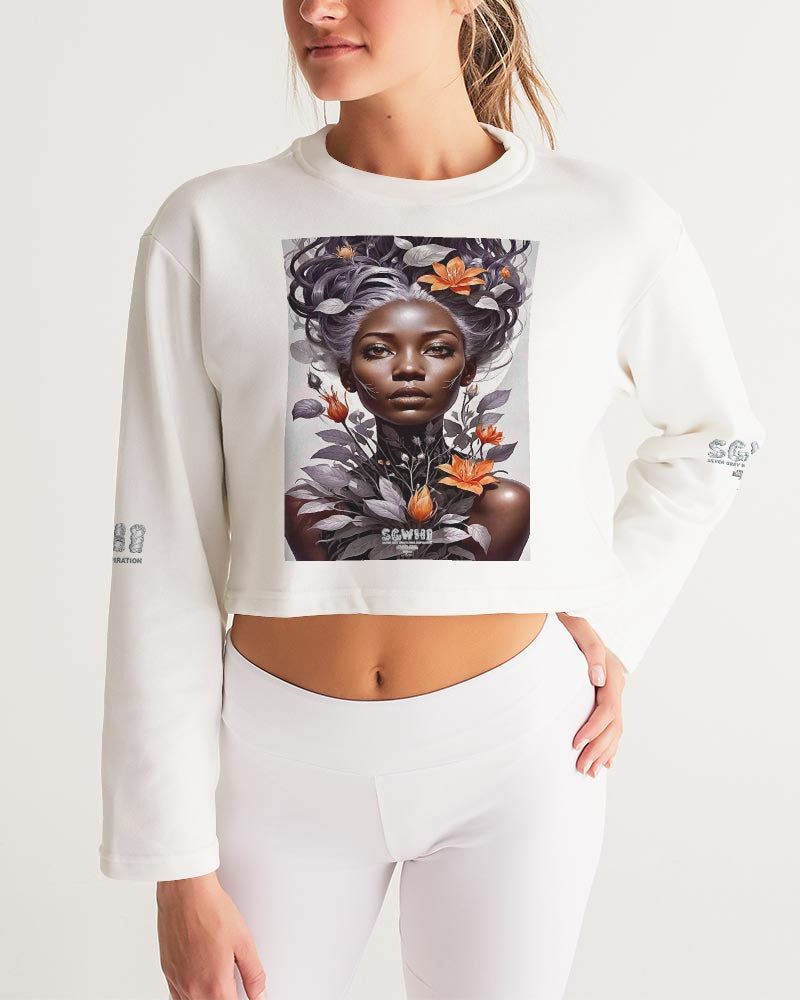 Beautiful black silver grey hair blossom women Women's All-Over Print Cropped Sweatshirt