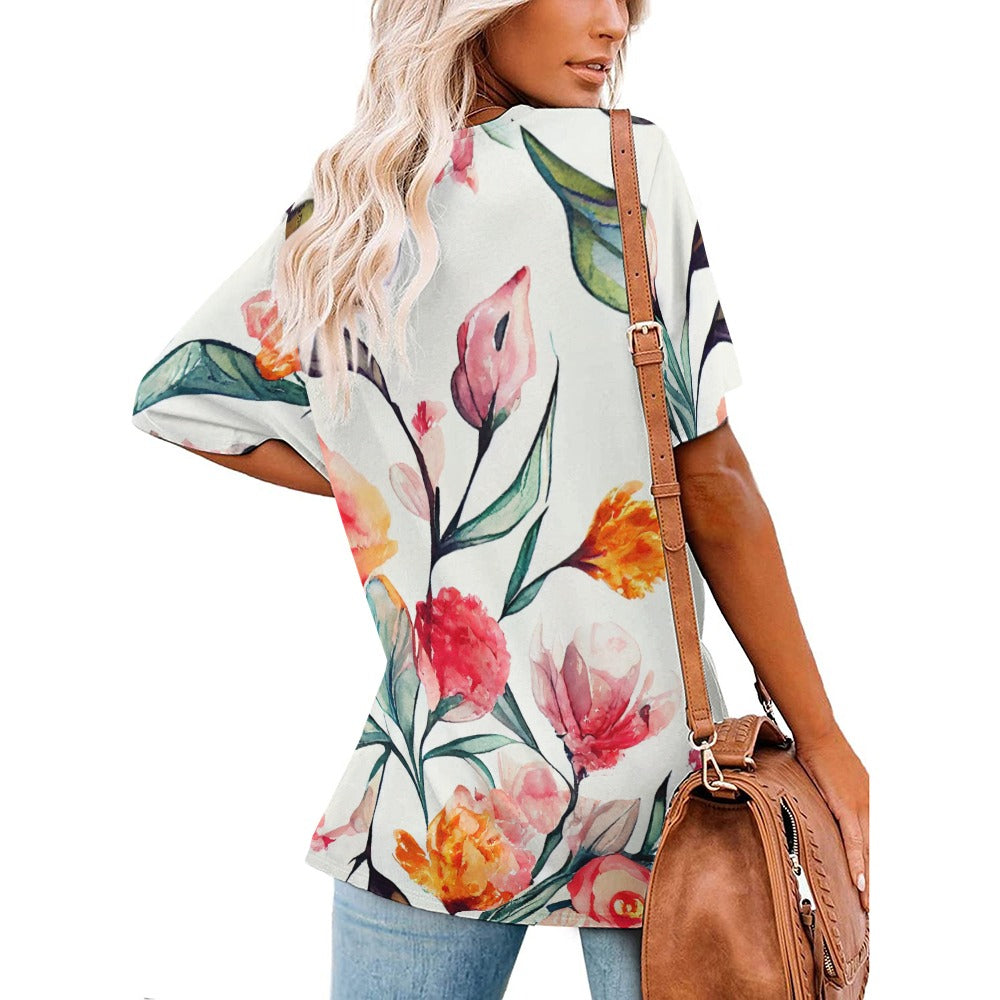 2024 New V Neck Short-sleeve Women Shirt Printed