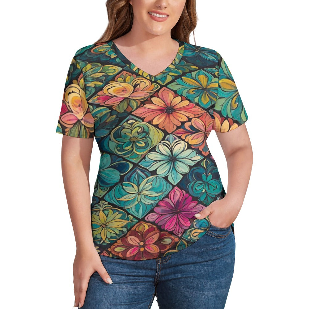 2024 New V Neck Short-sleeve Women Shirt Printed