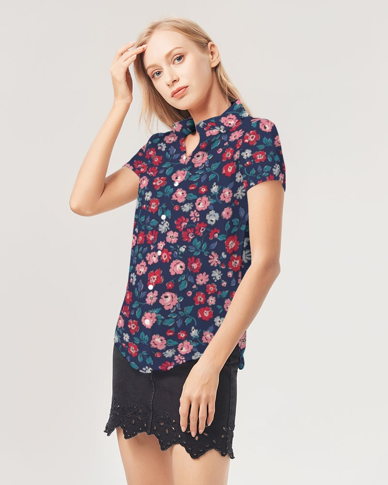 Midnight blue pretty glance.  Women's All-Over Print Short Sleeve Button Up