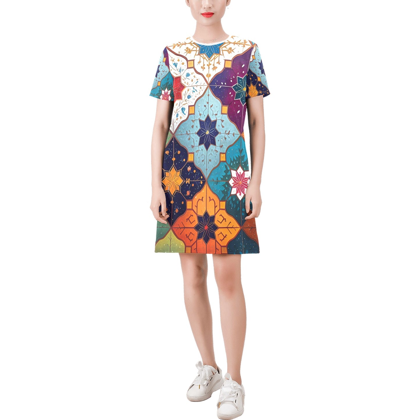 Short-Sleeve Round Neck A-Line Dress (Model D47)