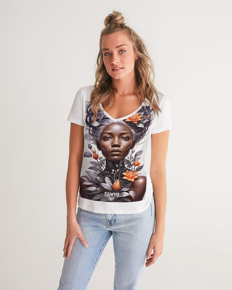 Beautiful black silver grey hair blossom women Women's All-Over Print V-Neck Tee