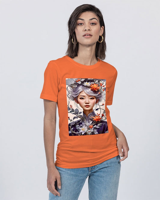 Beautiful Asian woman grey hair blossom Unisex Jersey Tee | Bella + Canvas