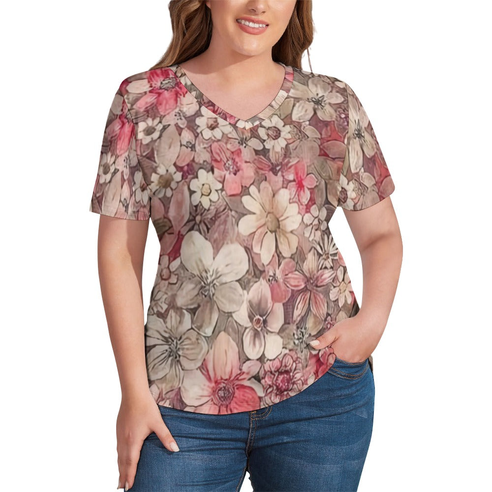 2024 New V Neck Short-sleeve Women Shirt Printed