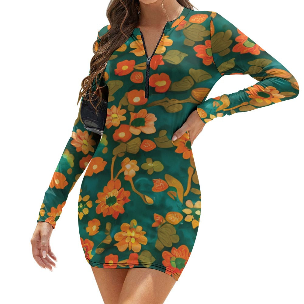 Women's Zipper Long Sleeve Hip Dress