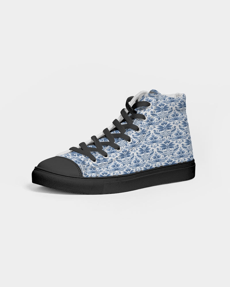 light blue Royal patten  Men's Hightop Canvas Shoe - Black