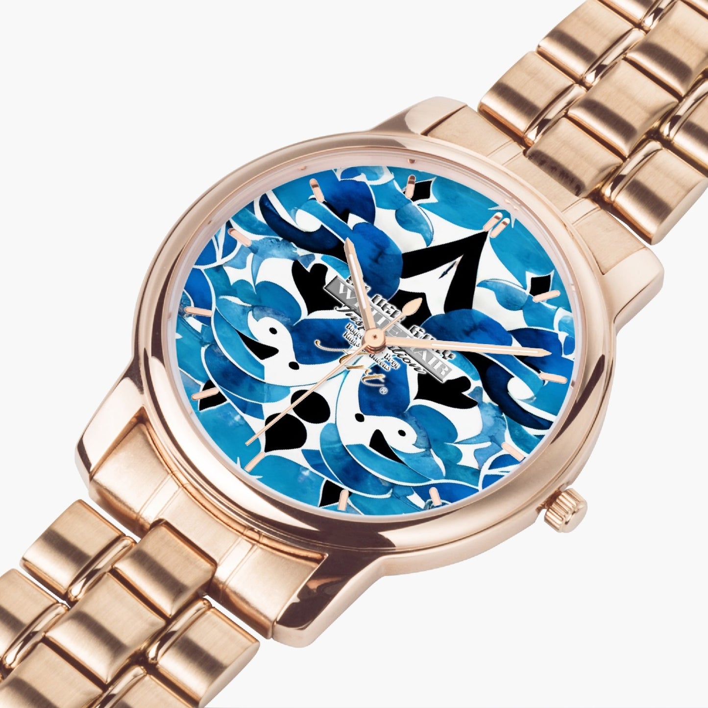 Silver grey white hair inspiration Blue abstract pattern Folding Clasp Type Stainless Steel Quartz Watch (With Indicators)