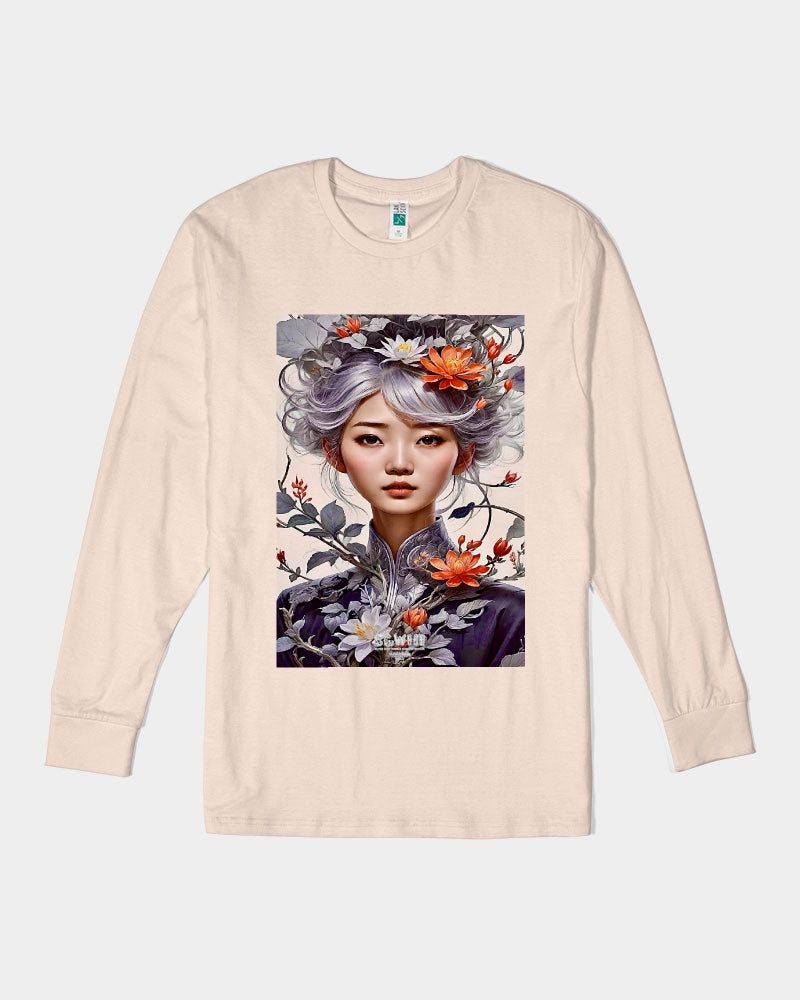 Beautiful Asian woman grey hair blossom Unisex Long Sleeve Tee | Lane Seven