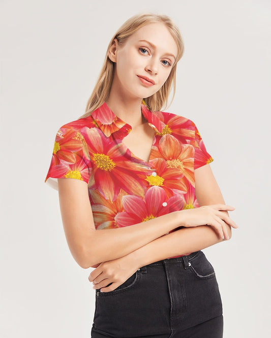 Beautiful blood orange flower design Women's All-Over Print Short Sleeve Button Up