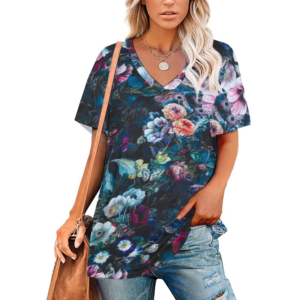 2024 New V Neck Short-sleeve Women Shirt Printed