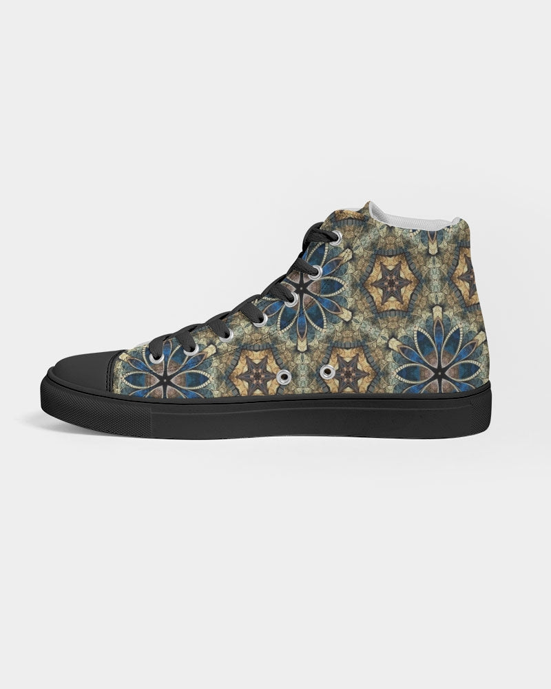 Green & Dark Blue almost star pattern. Men's Hightop Canvas Shoe - Black