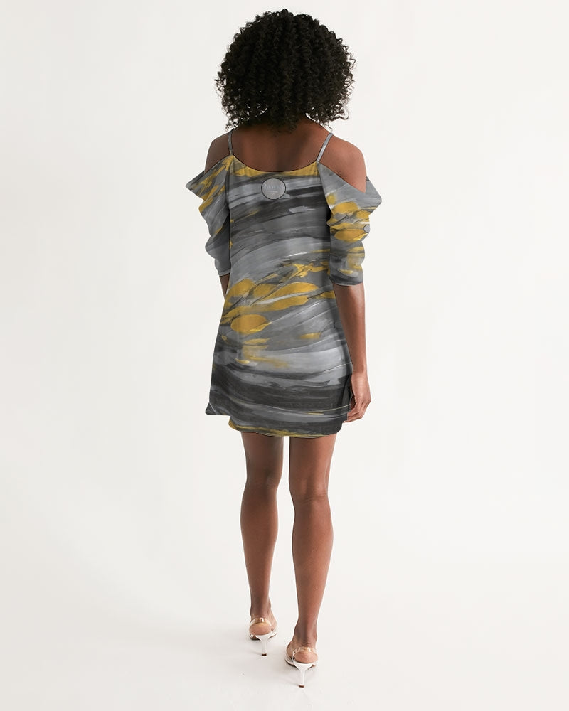 Black Sister Collection [Part 2 ] Women's All-Over Print Open Shoulder A-Line Dress