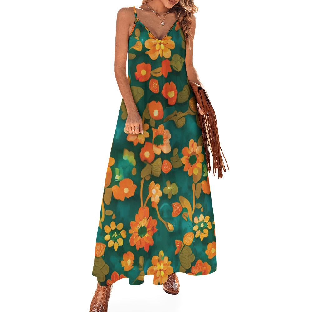 Orange flower and green Sling Ankle Long Dress