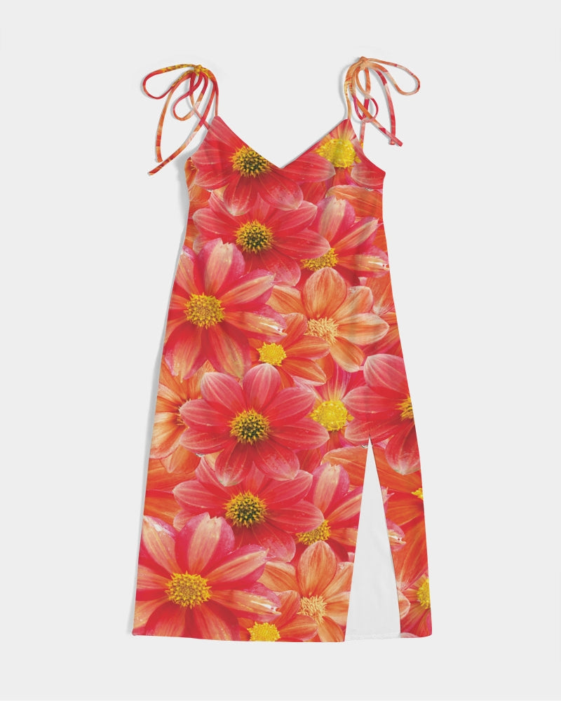 Beautiful blood orange flower design Women's All-Over Print Tie Strap Split Dress