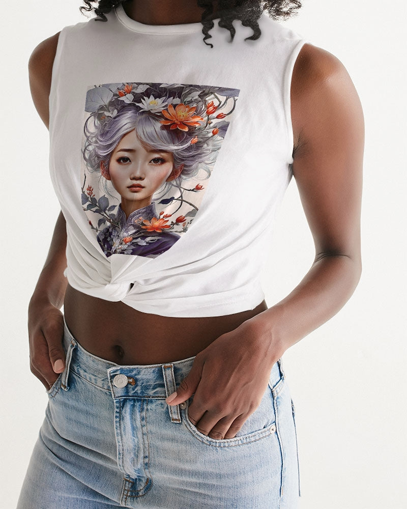 Beautiful Asian woman grey hair blossom Women's  All-Over Print Twist-Front Tank