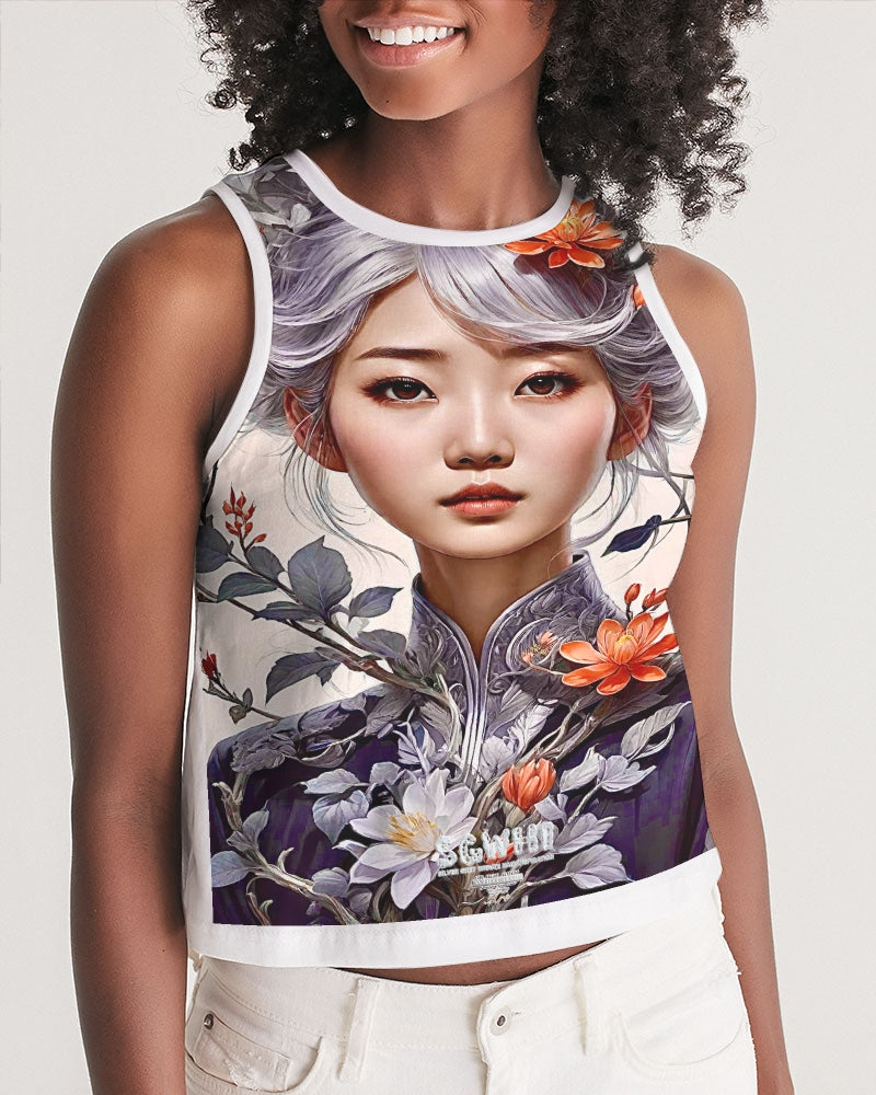 Beautiful Asian woman grey hair blossom Women's All-Over Print Cropped Tank