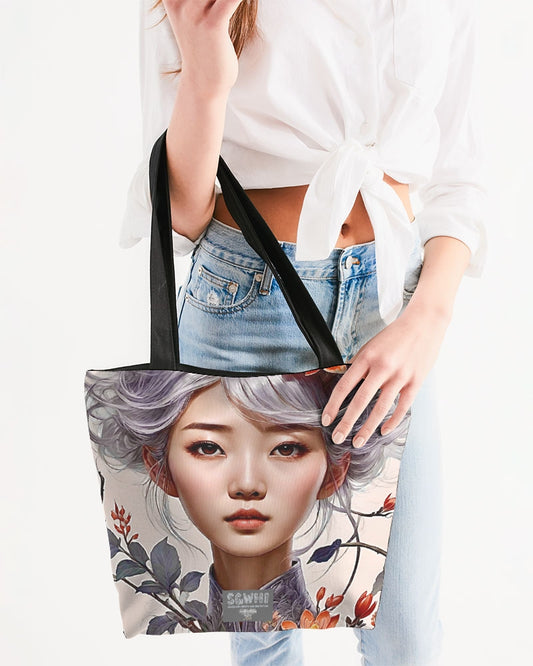 Beautiful Asian woman grey hair blossom Canvas Zip Tote