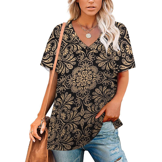 2024 New V Neck Short-sleeve Women Shirt Printed