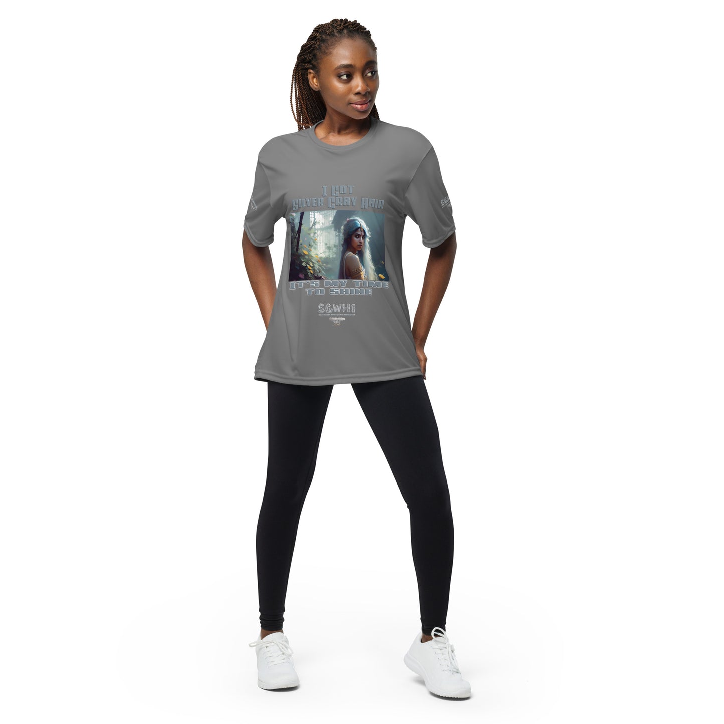 Silver grey white hair inspiration woman’s performance crew neck t-shirt