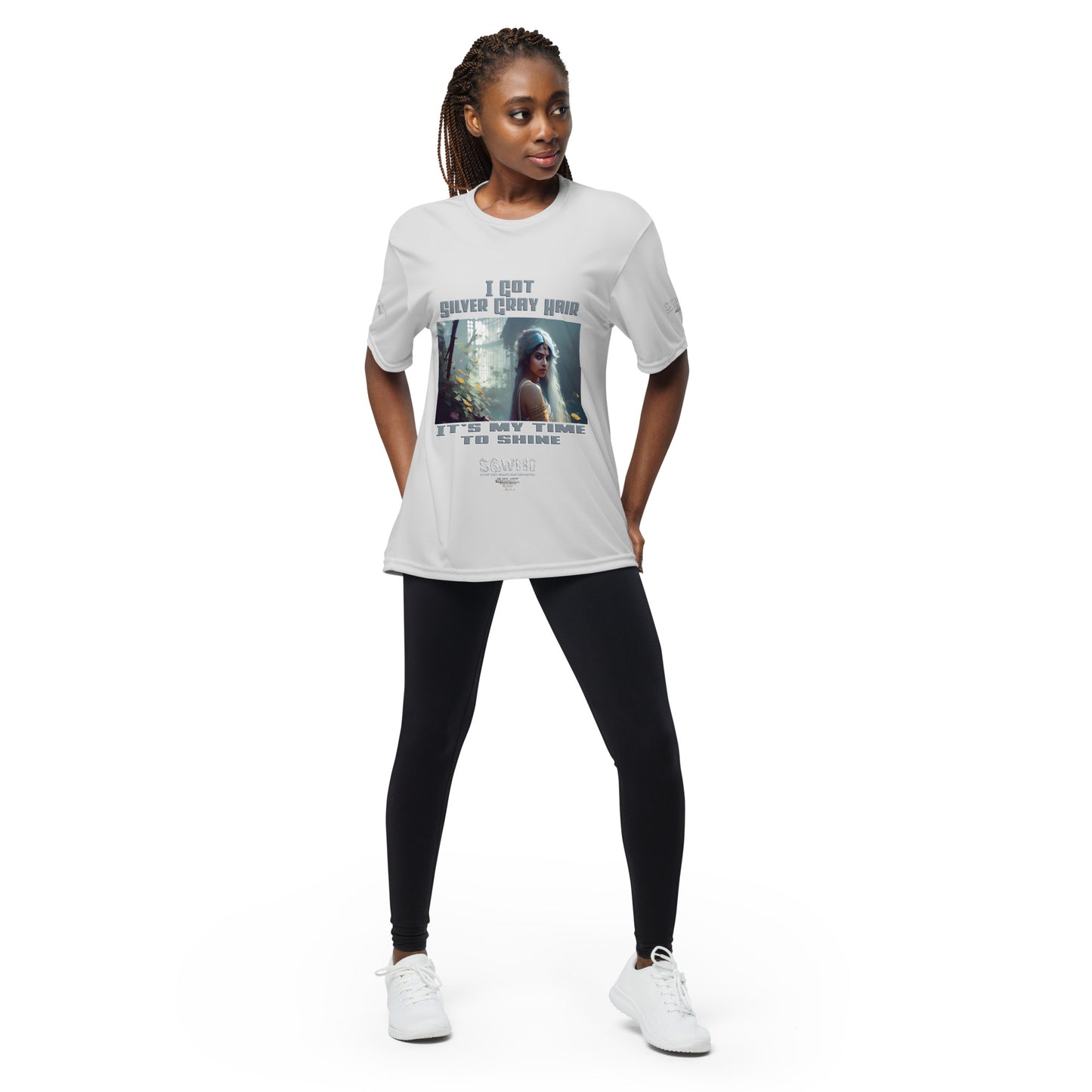 Silver grey white hair inspiration woman’s performance crew neck t-shirt