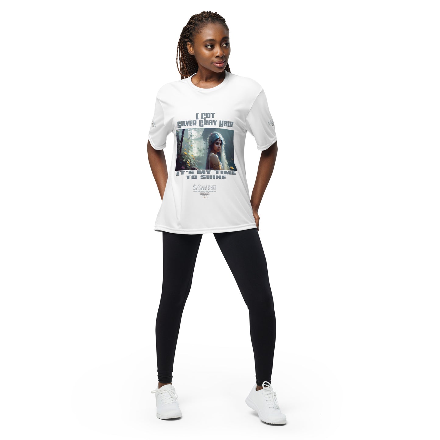 Silver grey white hair inspiration woman’s performance crew neck t-shirt