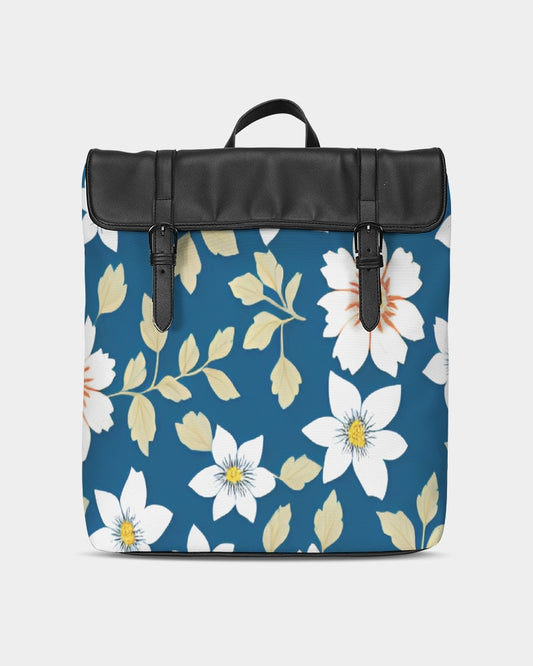 Dark blue background and white flower pattern Casual Flap Backpack