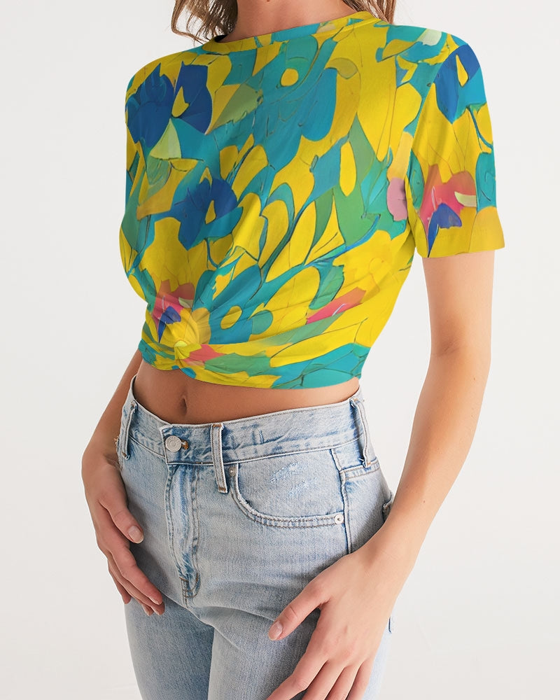 Beautiful yellow and blue hint of red pattern Women's Twist-Front Cropped Tee