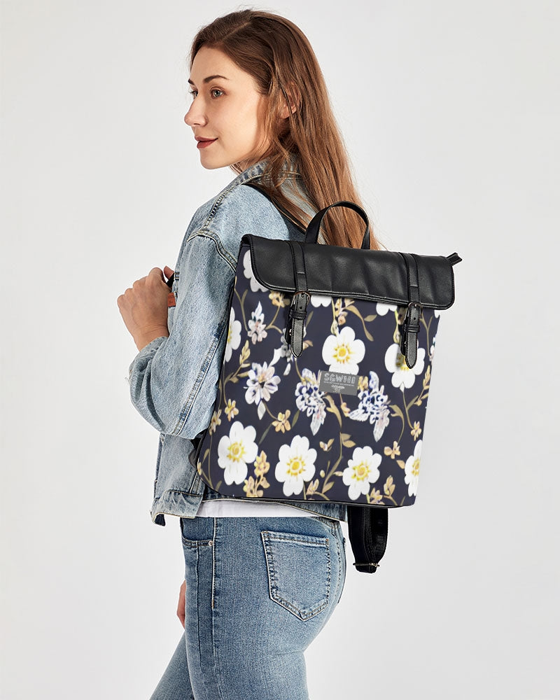 Pink flower black background Casual Flap Backpack