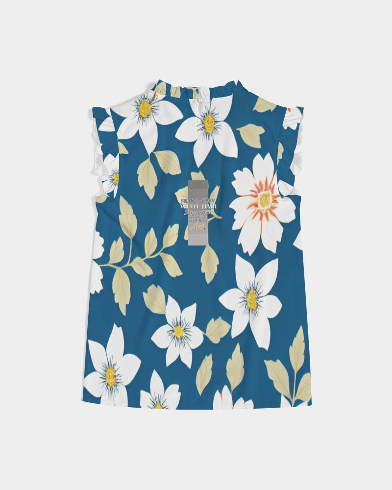 Dark blue background and white flower pattern Women's All-Over Print Ruffle Sleeve Top