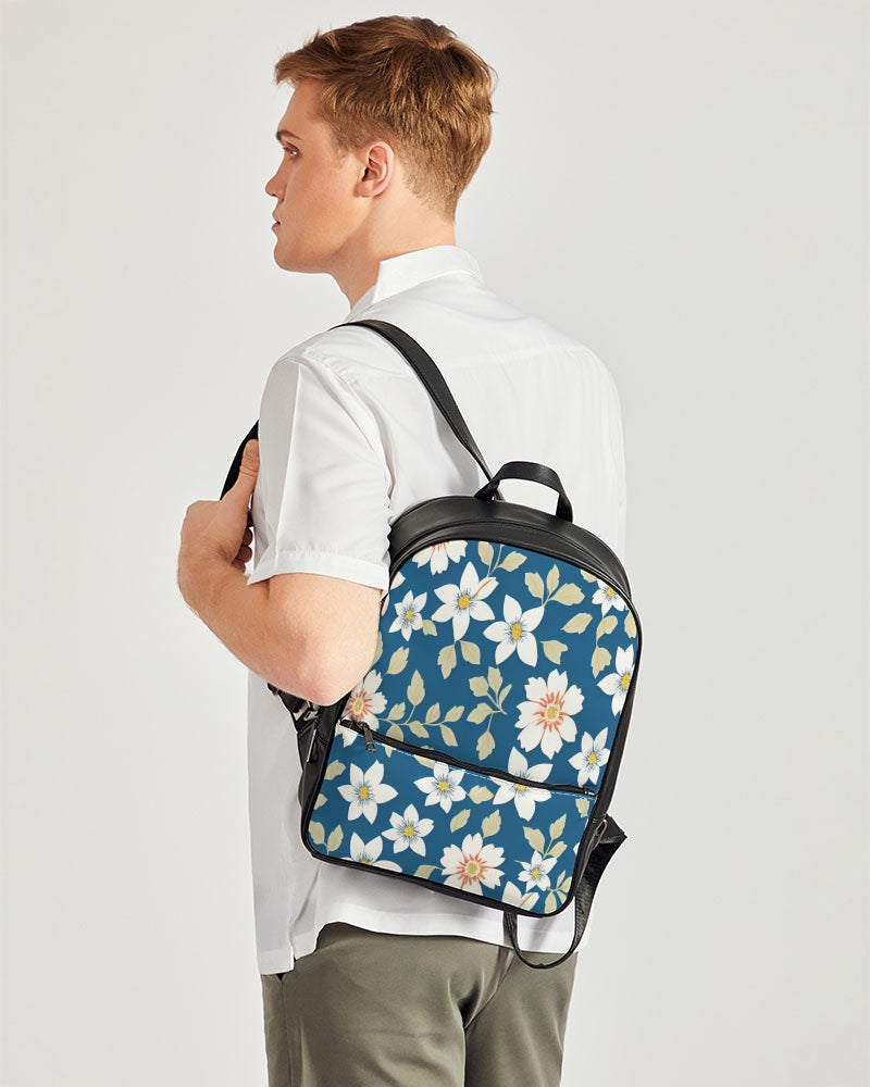 Dark blue background and white flower pattern Classic Faux Leather Backpack