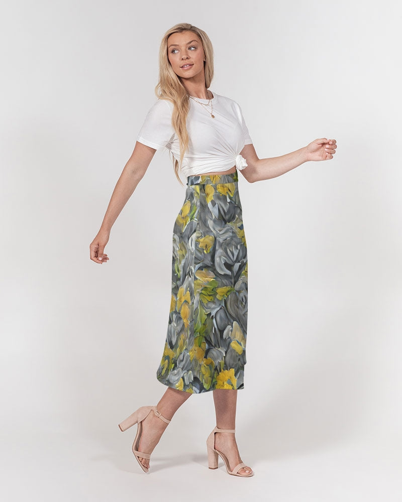 Orange and yellow and grey abstract design of Roses Women's A-Line Midi Skirt