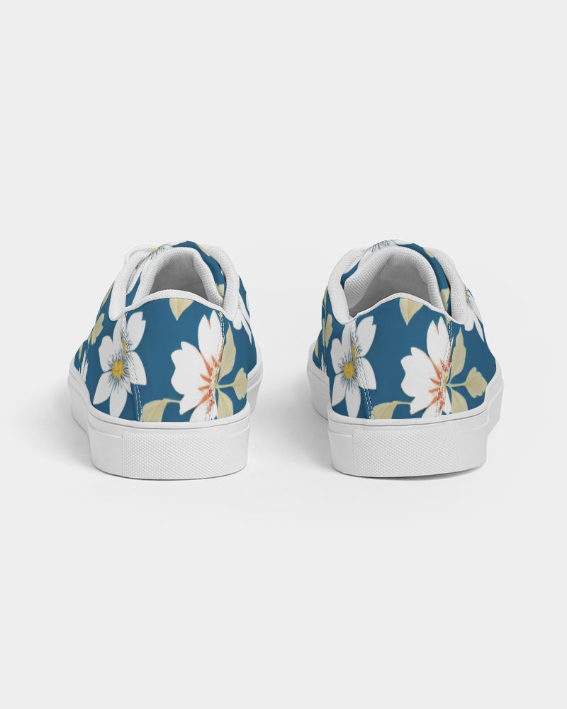 Dark blue background and white flower pattern Women's Faux-Leather Sneaker