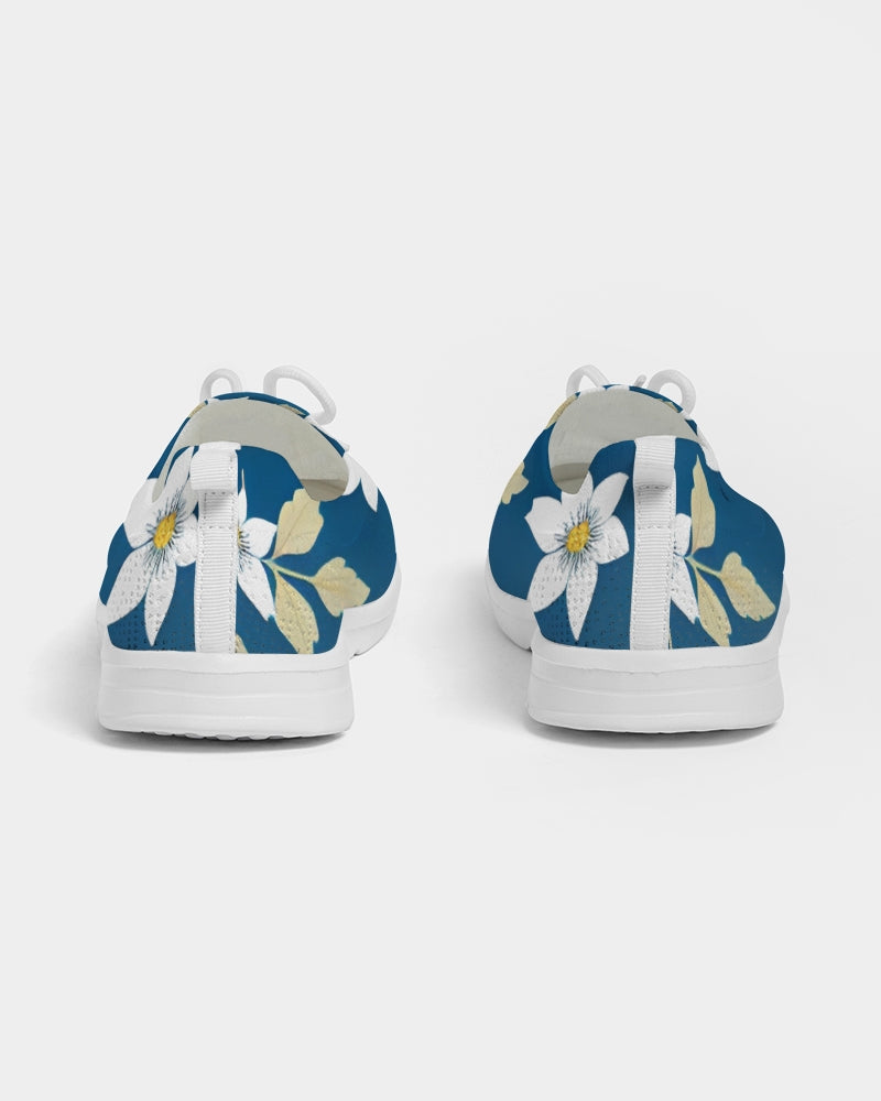 Dark blue background and white flower pattern Women's Lace Up Flyknit Shoe