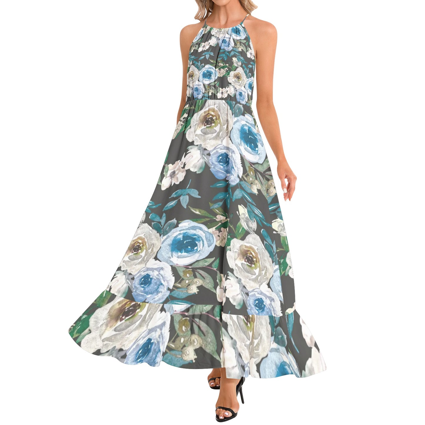 Ruffle Hem Halter Neck Maxi Dress