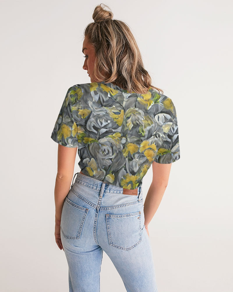 Orange and yellow and grey abstract design of Roses Women's Twist-Front Cropped Tee