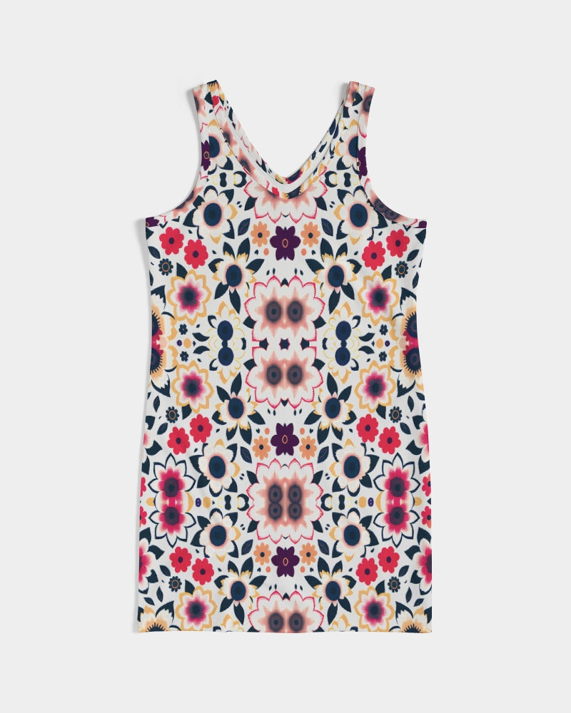 Abstract flower pattern Women's All-Over PrintRib Knit V Neck Mini Dress