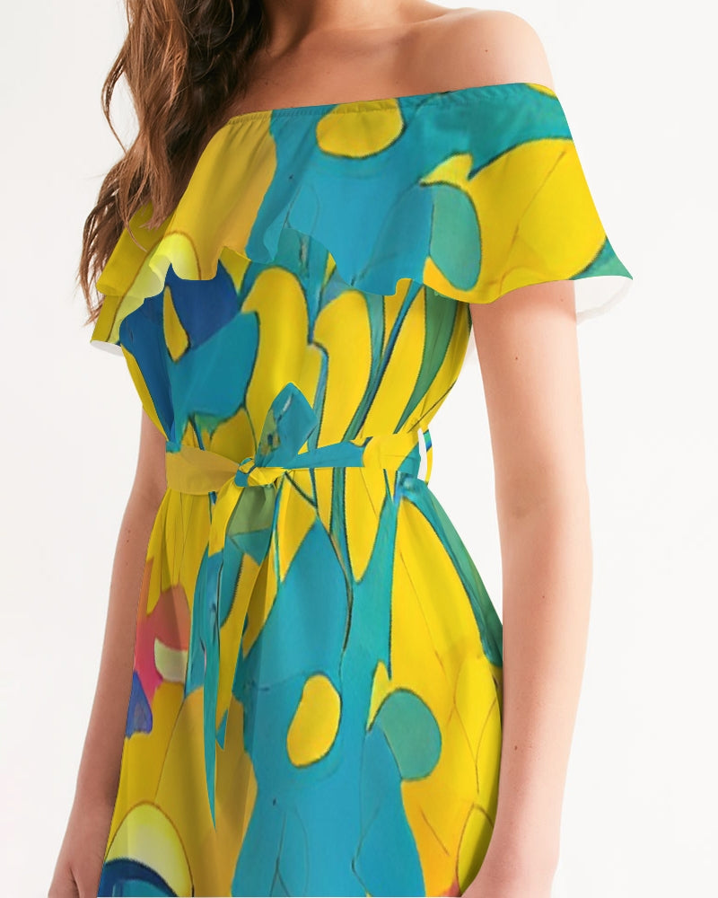 Beautiful yellow and blue hint of red pattern Women's Off-Shoulder Dress