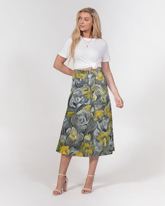 Orange and yellow and grey abstract design of Roses Women's A-Line Midi Skirt