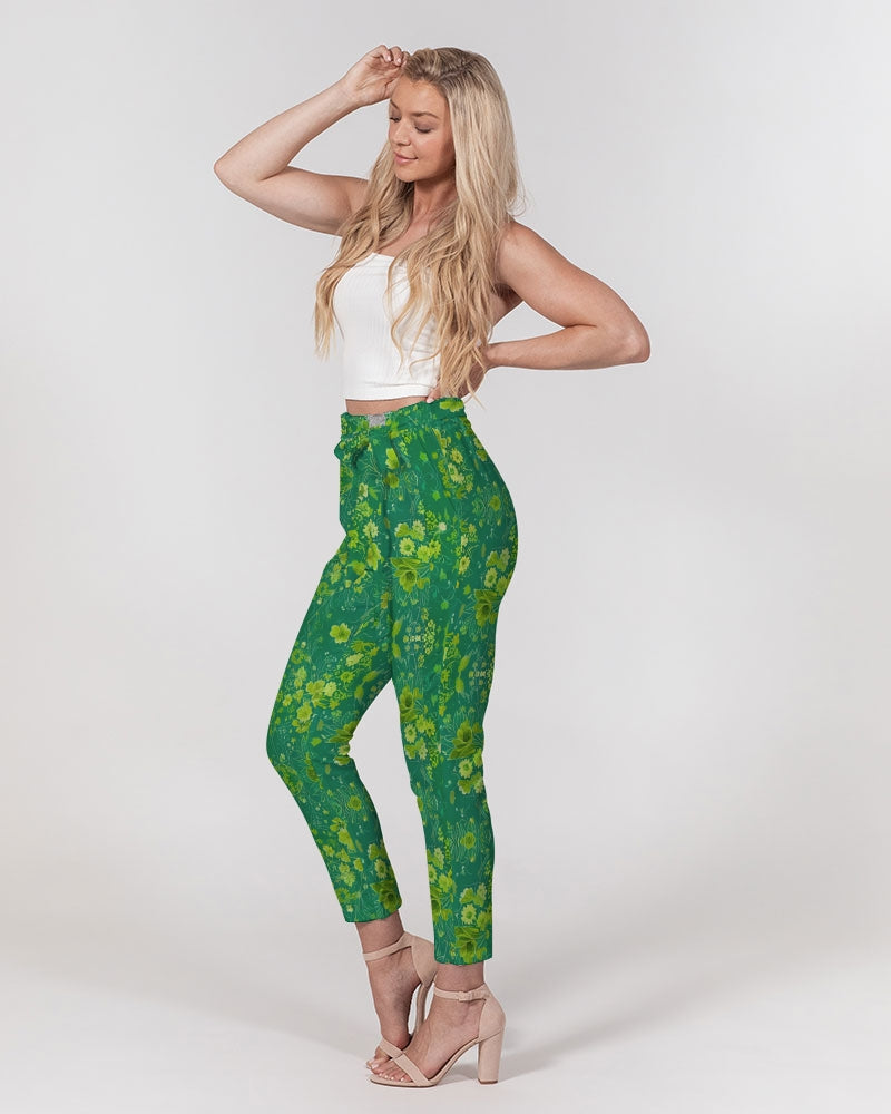 Green lush Repeat pattern Women's Belted Tapered Pants