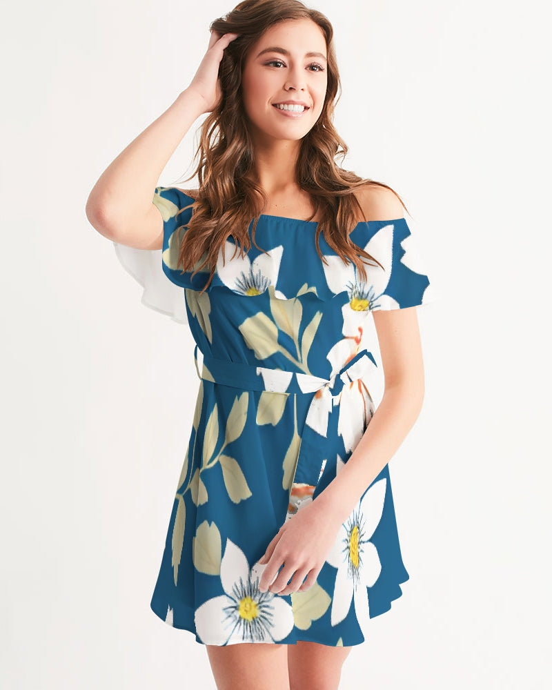 Dark blue background and white flower pattern Women's All-Over Print Off-Shoulder Dress