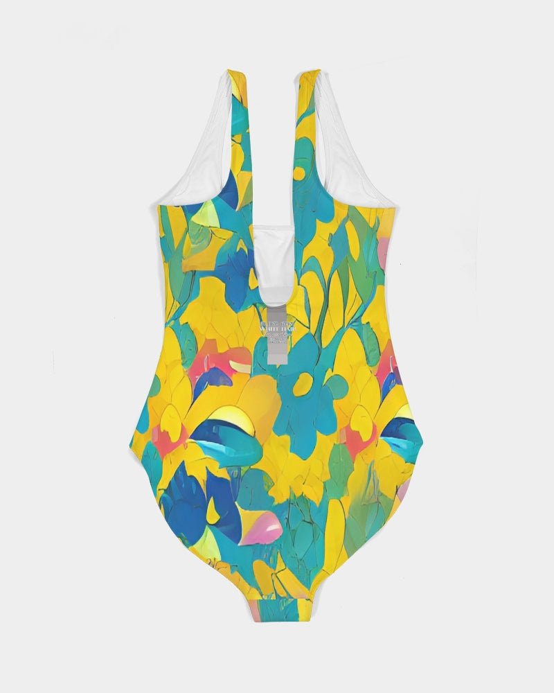 Beautiful yellow and blue hint of red pattern Women's One-Piece Swimsuit