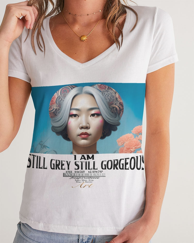 Promoting Asian women with silver grey Women's V-Neck Tee