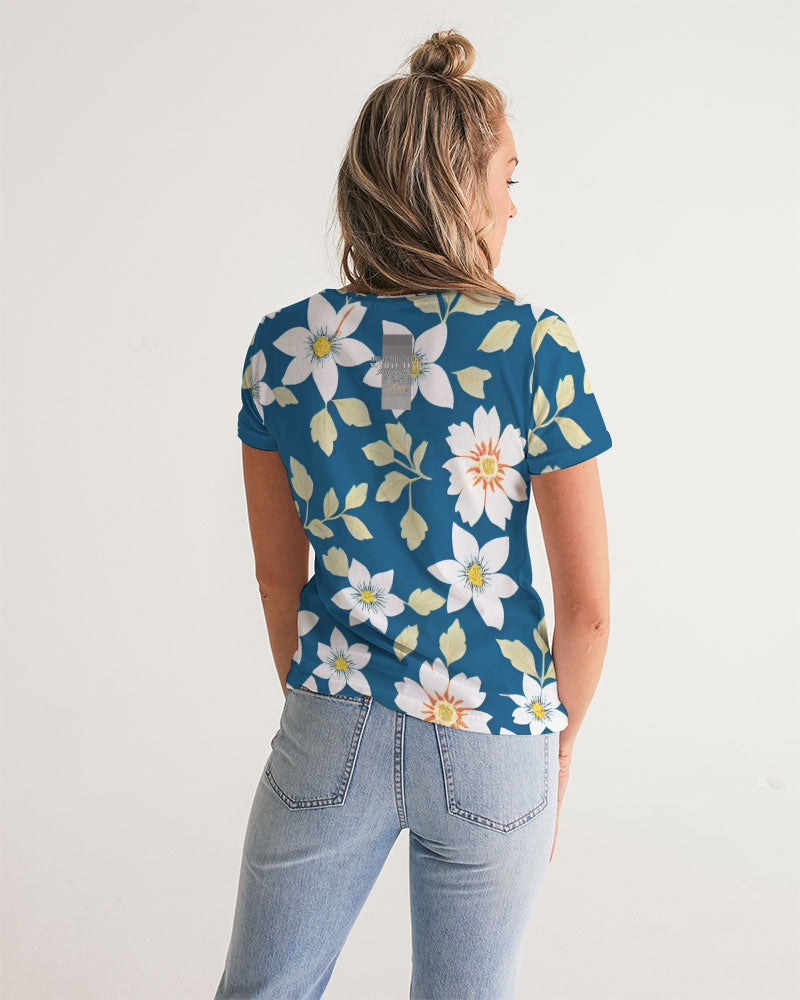 Dark blue background and white flower pattern Women's All-Over Print V-Neck Tee